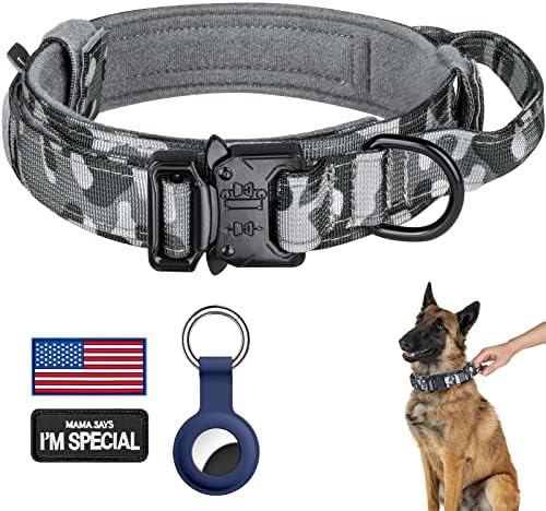 DAGANXI Tactical Dog Collar, Adjustable Military Training Nylon Dog Collar with Control Handle and Heavy Metal Buckle for Medium and Large Dogs, with Patches and Airtags Case (XL, Camo)