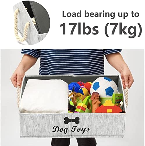 Geyecete Large Dog Toys Storage Bins-Foldable Fabric Trapezoid Organizer Boxes with Weave Rope Handle,Collapsible Basket for Shelves,Dog Apparel(Gray-Dog)