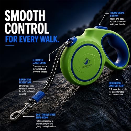 Retractable Dog Leash 16 FT (5M) – Heavy Duty Tangle-Free Dog Leash with One-Touch Brake & Lock, Reflective Nylon Tape, Ergonomic Non-Slip Handle for Small, Medium & Large Dogs up to 50 KG