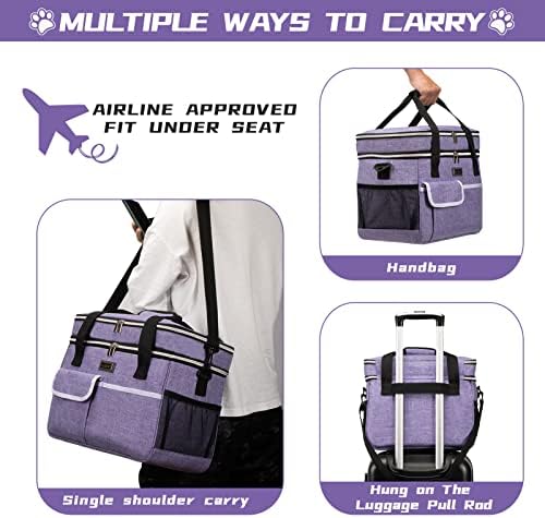 BAGLHER Dog Travel Bag for Supplies - Double-Layer Airline Approved Weekend Pet Travel Organizer Set for Dog and Cat Tote with 2 Pet Food Containers and 2 Collapsible Silicone Bowls Purple