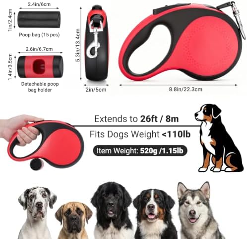 Segarty 26 Ft Walking Lead with Poop Bag Holder for Pet 66 lbs - 110 lbs, 8m Heavy-Duty Retractable Long Leash 360°Tangle-Free with Anti-Slip Handle, One-Handed Brake Pause Lock for Medium Large Dogs