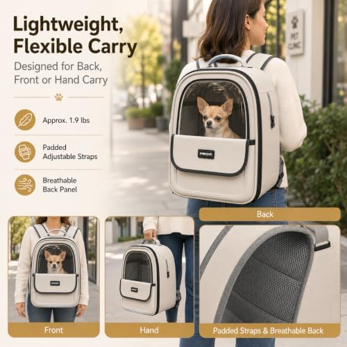 Cat Backpack Carrier,Clear Large Front Window,Pet Carrier Backpack for Cats & Small Dogs Up to 15 lbs,Breathable Side Mesh, Front & Side Access, Foldable for Travel Hiking, Vet Visits & Car Rides