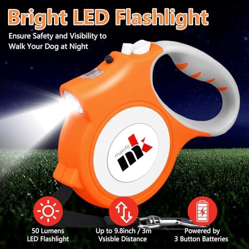 Retractable Dog Leash with LED Light Makife 5m Extendable Dog Lead for Small Medium Puppis up to 25kgs, One-Hand Brake & Lock System, Ergonomic Handle (Orange)