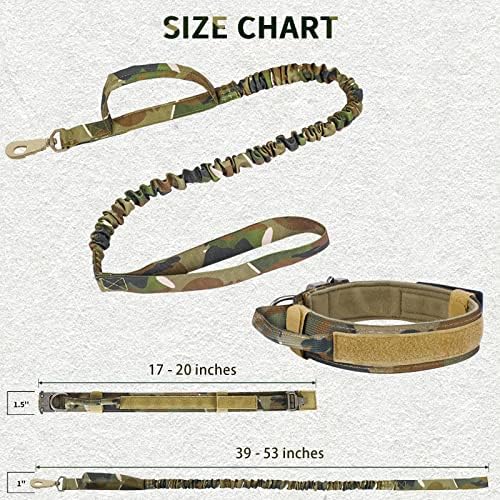 Tactical Dog Collar and Bungee Leash, Camo Military Dog Collar & Leash Set with USA American Flag Adjustable K9 Collar with Heavy Duty Metal Buckle & Handle,with Patches and Airtags Case (L, Camo)