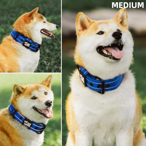 Tuff Pupper Heavy Duty Tactical Dog Collar | 1.5" Wide Ballistic Nylon | Reflective Stitching | Integrated ID Tag Holder | Stainless Steel Buckle | Padded Lining | Medium & Large Dogs (Blue, Medium)