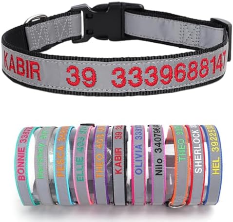 Reflective Personalized Dog Collar Custom Embroidered with Pet Name and Phone Number 4 Adjustable Sizes with Quick Release Buckle for Boy Girl Small Medium Large Dogs