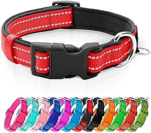 azuza Reflective Dog Collar, Neoprene Padded Small Dog Collar, Red, S
