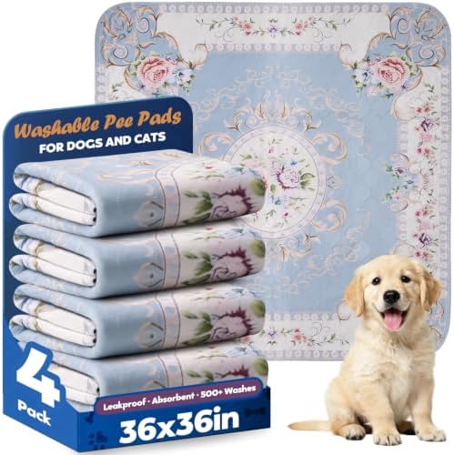 Washable Pee Pads for Dogs 36" x 36" - 4 Pack, Blue Floral, Stylish Reusable Puppy Training Pads - 100% Waterproof & Leak-Proof & Non-Slip, Potty Pads for Whelping, Crate, Floor