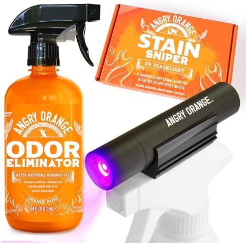 ANGRY ORANGE Pet Odor Eliminator Kit for Dog/Cat Urine, 24oz Citrus Odor Eliminator Spray and Stain Sniper Flashlight - NEW Orange Rush Scent