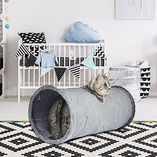 LeerKing Cat Tunnel 26"(L) Dia 12" Tubes and Tunnels connectable with Large Crinkle Hide and Seek Toy for Bunny Puppy, Grey