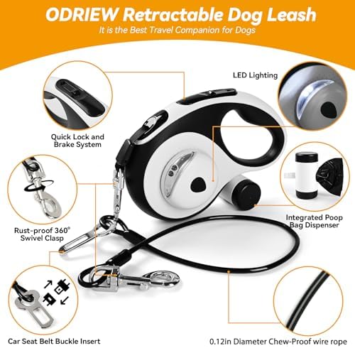 26ft Retractable Dog Leash for Large Dogs Up to 110lbs, LED Light, White