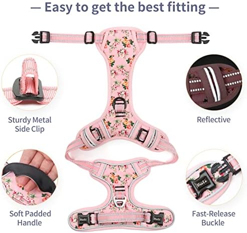 HEELE Dog Harness, No Pull Adjustable Padded Reflective Harness for Small Medium Large Dogs with Handle for Walking Training, Flower-Pink, XL