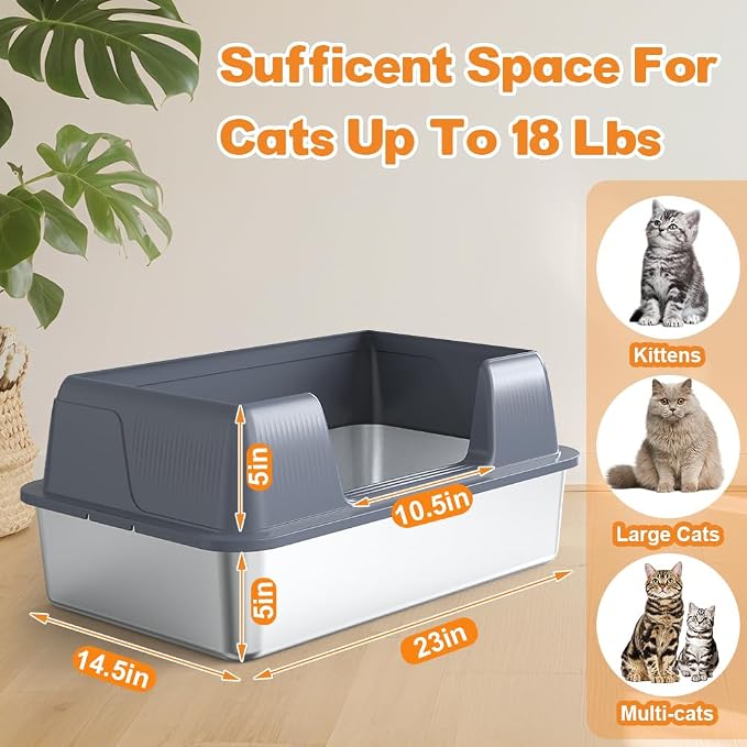 Vivifying Stainless Steel Cat Litter Box, XL Extra Large Semi-Enclosed Metal Pan with Side Entry, Scoop Included, Open Top Potty for Indoor Big Cats & Kitty, Easy to Clean & Odor Resistant (Gray)