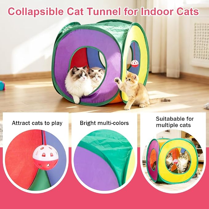 Retro Shaw 33 Pack Cat Toys for Indoor Cats, Collapsible Kitty Tunnel Tent with Feather Teaser Wand, Springs Balls Bell Mouse Interactive Kitten Hideaway Playhouse 15.7 Inches