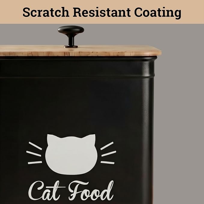 Cat Food Container with Scoop 5-7 lb (25 Cup), with Airtight Bamboo Lid | Cat Kibble Canister with Metal Scoop, 25 Cups, Chew Proof Iron Body, Powder Coated, Airtight Bamboo Lid, Sturdy Metal Handle