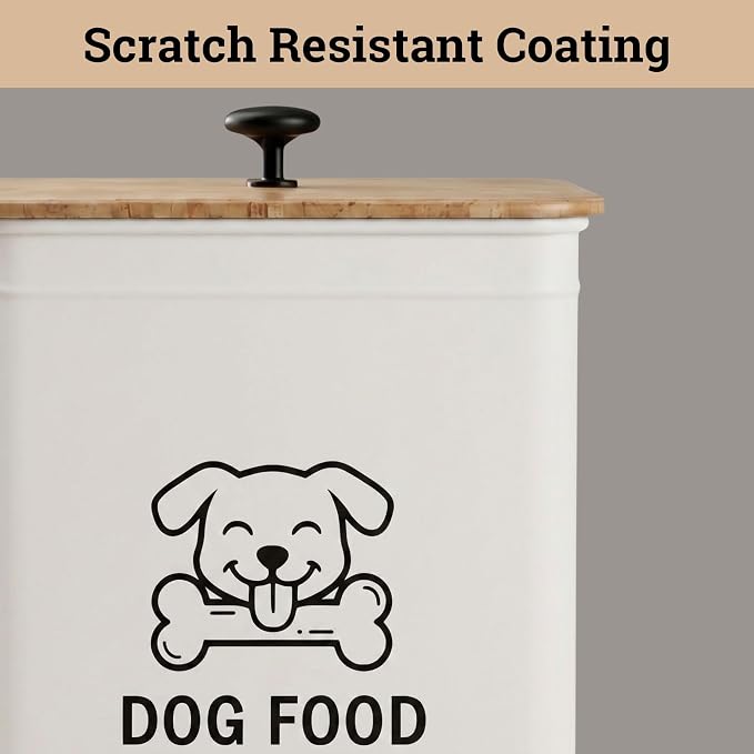 Metal Dog Food Container 5-7lb, 25 Cup w/ Airtight Bamboo Lid, Metal Handle | Pet Jar For Dogs up to 50lbs, Airtight Bamboo Lid, Sturdy Comfortable Metal Handle, Powder Coated Iron, Kibble Storage Bin