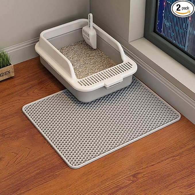 HCY&WLD 2-Pack Cat Litter Mat, Double Layer Honeycomb Waterproof Urine Proof Non-slip Litter Trapping Mat, Less Waste, Easy to Clean Cat Litter Box Mat, Kitten Indoor Supplies (Gray, 20x16 Inches)