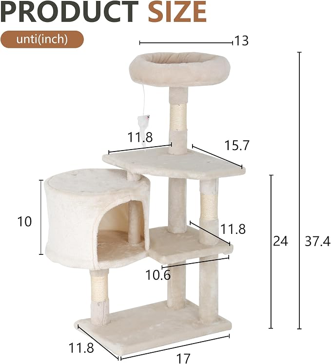 FDW | 36" Cat Tree Tower | Beige | Multi-Level Indoor Activity Center | with Sisal Scratching Posts, Condos, Plush Perches, Hanging Cat Toys | Sturdy, Easy to Assemble | for Kittens & Adult Cats