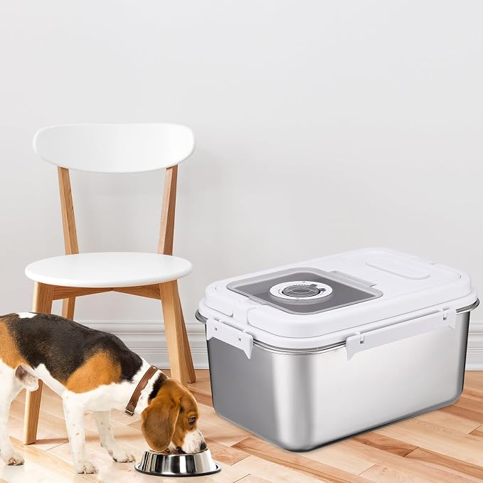 14-18 lb Stainless Steel Dog Food Storage Container | with Silicone Airtight Lid, Scoop, Easy to Clean Metal Pet Dog Cat Food Storage Container Keep Fresh