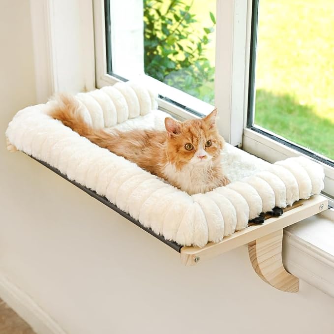 Cloud-Soft Cat Window Sill Perch, Zipper Design Cushion Pet Bed,XL | Solid Wood & Sturdy Metal Frame, Machine Washable, Unobstructed Front View, Panoramic and Roomy Cat Hammock for Large Cats