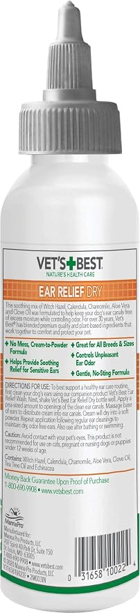 Vet's Best Dry Ear Relief for Dogs, No-Alcohol, for All Dogs, Aloe 4 oz | Fight Dry Ears, Relieve Dry Discomfort & Odors, Supports Healthy Ears, Gentle Daily Cleansing Ear Care for Dogs
