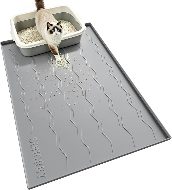 Songrey Silicone Cat Litter Mat 40" x 28", Large Litter Trapping Mat, Gray | Waterproof, Urine-Proof Litter Box Mat for Floor, Soft on Kitty Paws, Easy To Clean, Cat Supplies, Pet Feeding Mat