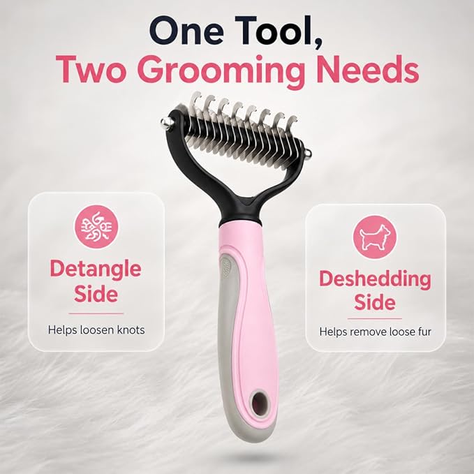 Pet Pro Grooming Tool, 2-In-1 Double-Sided Grooming Tool, Sided Deshedding Dematting Tool, Undercoat Rake for Dogs & Cats, Extra-Wide Dog Grooming Brush & Deshedder Comb for Long Hair(Blue + Pink)