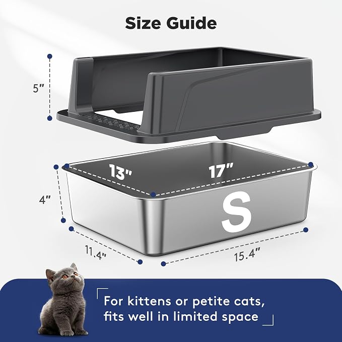 FURTIME 2 Pack Stainless Steel Cat Litter Box with Lid, Metal Kitty Litter Box for Small Cats, Kitten Litter Boxs with Non-Sticky, Anti-Leakage, Easy to Clean, 17"x13"x8.4" (Small)