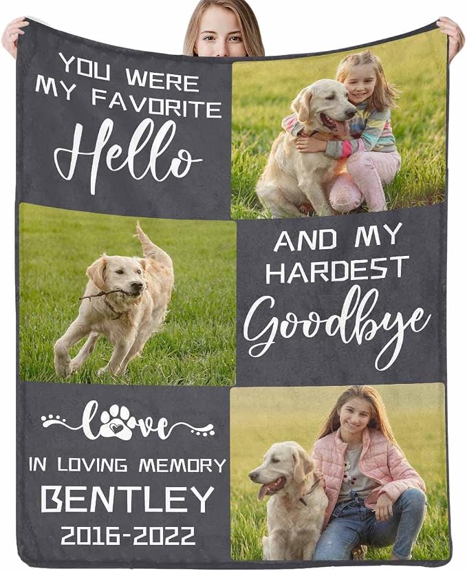 D-Story in Loving Memory of Loss Dog, Custom Sympathy Blanket with Dogs Pictures and Name,Personalized Dog Sympathy Remembrance Gift for Kids and a Grieving Pet Owner (Made in USA)