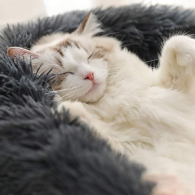 Faux Fur Dog Bed Cat Bed,Shag Round Anti-Anxiety Pet Calming Bed Doughnut Cuddler for Medium Large Puppy Dog Cat Kennel Cushion Self Warming Bed (28'' D x 8'' H, Dark Grey)