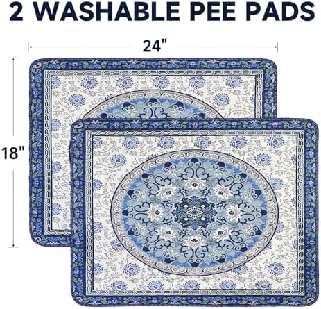 Washable Pee Pads for Dogs 2 Pack,18"x24" Waterproof Non-Slip Reusable Puppy Pad with Fast Absorbent,Leakproof Whelping Pads for Pet Housebreaking (Indigo Blue Medallion, 18"x24"(Pack of 2))