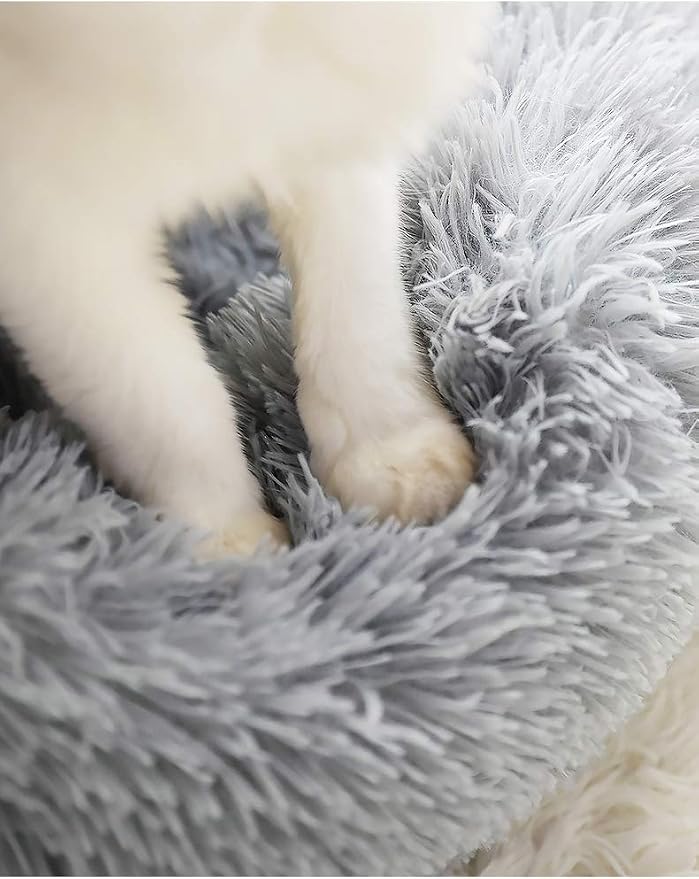 Faux Fur Dog Bed, Shag Round Anti-Anxiety Pet Calming Doughnut Cuddler for Medium Large Puppy Dog Cat Kennel Cushion - Self Warming (28'' D x 8" H, Light Grey)