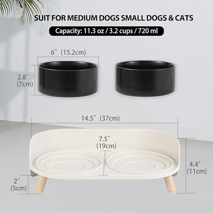 Elevated Ceramic Dog Bowl Set - Double Dog Feeding Bowls with Stand Splash Proof - Raised Dishes for Food and Water - Ideal for Small to Medium Dogs - 2 x 720 ml - 11.3 oz - Black
