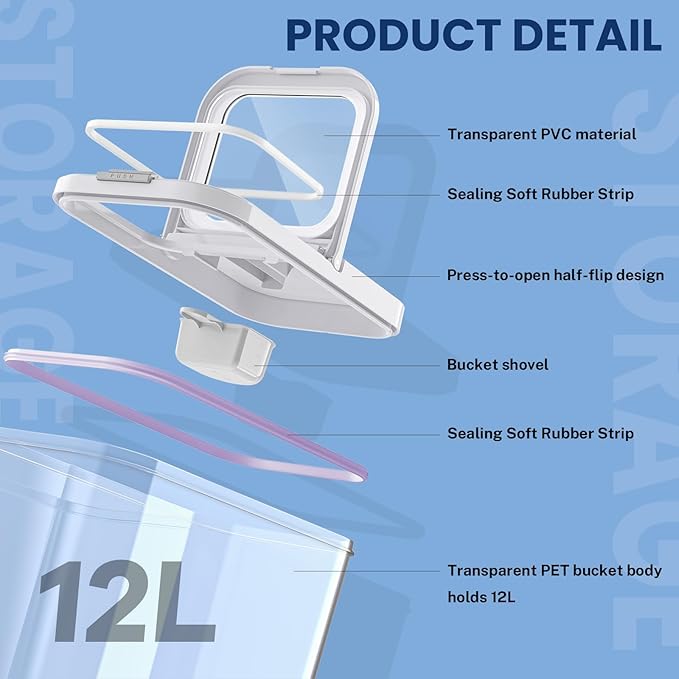 LEAWALK 12 Lbs Airtight Dog Cat Food Storage Container and Dog Treat Containers BPA-Free, PET Clear Stackable Pet Storage Bin, 1-Cup Scoop, 1-Sponge cleaning brush, Pop Top, With handle, Easy Mobility