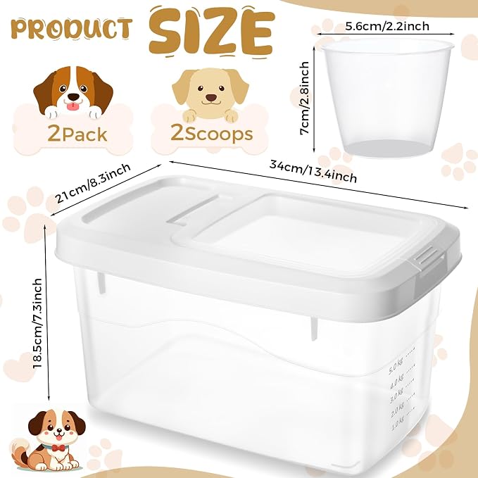 2 Pack 11 Lbs Airtight Dog Food Storage Container with Scoops | 2 Measuring Cups, Flip Lids, Clear Bins with Markings, Preserve Freshness, Pet Dog Cat Rice Grain Treat Storage