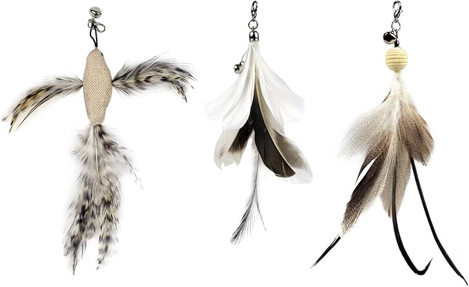 TTcat 10 Pack Cat Wand Toy Replaceable Refills, Realistic Bird Bee Insect Natural Feather Attachments with Bells, Detachable Clip-on Teaser Replacement for Cat Wand.