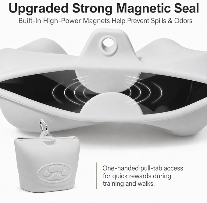 Upgraded Dog Treat Pouch with Strong Magnetic Closure - Small Silicone Training Bag, Waist-Mounted Clip & Leash Carabiner, Airtight Portable Treat Bag (Light Gray)