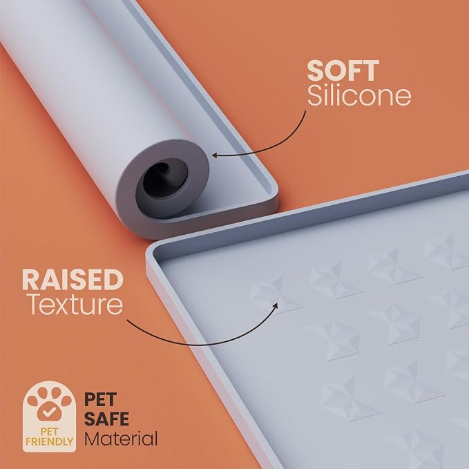 Silicone Pet Feeding Mat - 100% Waterproof Dog & Cat Bowl Pad with Raised Edges - Protects Floors from Messy Eaters & Spills - Anti-Slip, 100% PET-Safe, Dishwasher Safe (24"x16"x0.4", Grey)