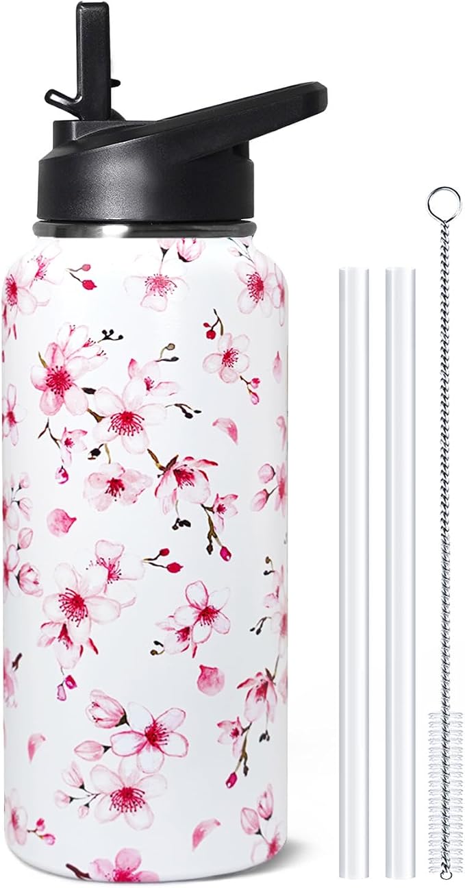 32oz Cherry Blossoms Flip Stainless Insulated Aater Water Bottle with Straw,Pink Cherry Blossoms Floral Gym Hiking Sports Coffee Mug Cup Water Bottles,Cherry Blossoms Decor Stuff Accessories