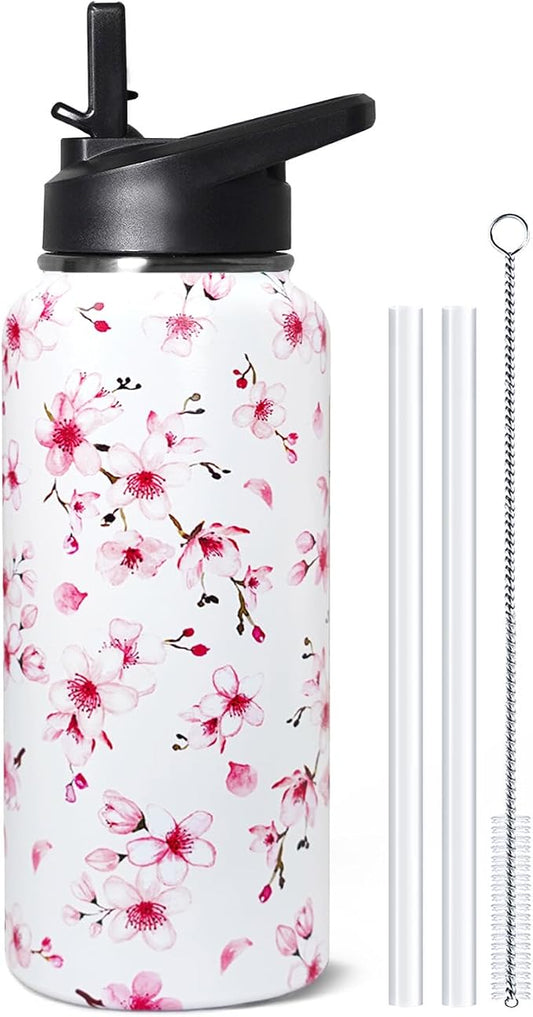 32oz Cherry Blossoms Flip Stainless Insulated Aater Water Bottle with Straw,Pink Cherry Blossoms Floral Gym Hiking Sports Coffee Mug Cup Water Bottles,Cherry Blossoms Decor Stuff Accessories