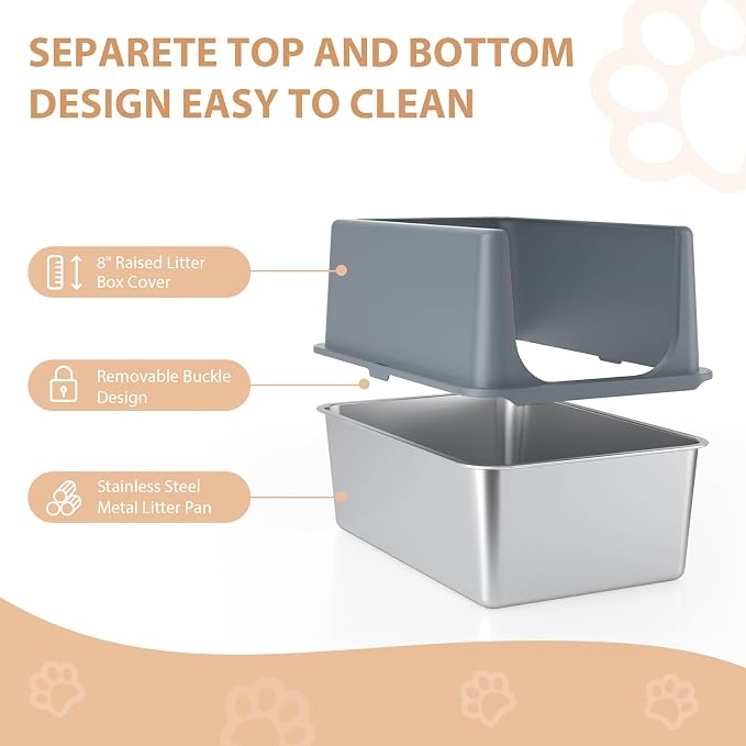 Stainless Steel Cat Litter Box with Lid, Covered Litter Box for Large Cats, 16" High Sides Enclosed Cat Litter Boxes, Extra Large Litter Box with Grey Lid, XL Metal Litter Pan, Easy to Clean