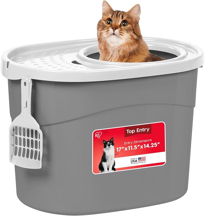IRIS USA Large Top Entry Cat Litter Box with Lid, Enclosed Covered Cat Litter Box for Indoor Cats, Dog Proof Design, Odor Control, Litter Tracking Reduction, Scoop Included, Gray/White