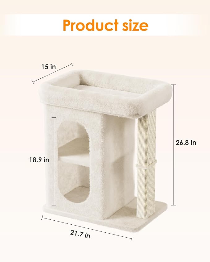 Cat Tree for Large Cat, Small Cat Tower with Large Perch Bed, Scratching Posts, Dual Condos for Indoor Cats Kittens, Beige