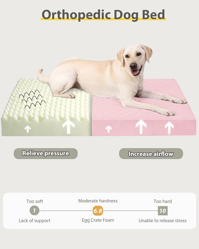 NUPIDA Orthopedic Dog Beds for Extra Large Dogs Waterproof Pet Kennel Pad with Removable Washable Cover and Non-Slip Bottom, 47x29 Inch, Pink