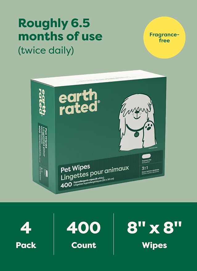 Earth Rated Dog Wipes for Paws & Butt, Deodorizing, Unscented, 400ct | Hypoallergenic, 3-in-1 Cleaning and Hydrating, for Grooming Paws, Body and Butt