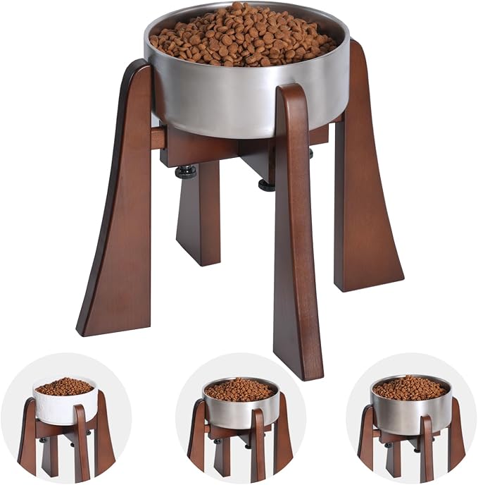 Solid Wood Elevated Dog Bowl Stand Set with Stainless Steel Bowl, 10-Inch | Raised Feeder with Adjustable Width Fits 6.3-7.8 Inch Dog Food Water Bowls, Non-Slip Base for Medium and Senior Dogs