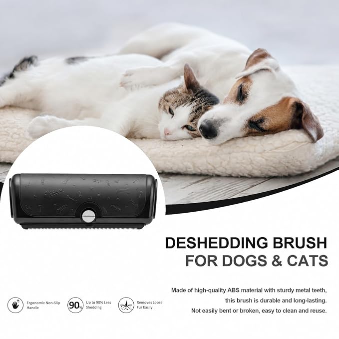 Dog and Cat Deshedding Brush for Short Hair Pets, Black | Metal shedding blade for loose fur, short to medium coats and daily grooming
