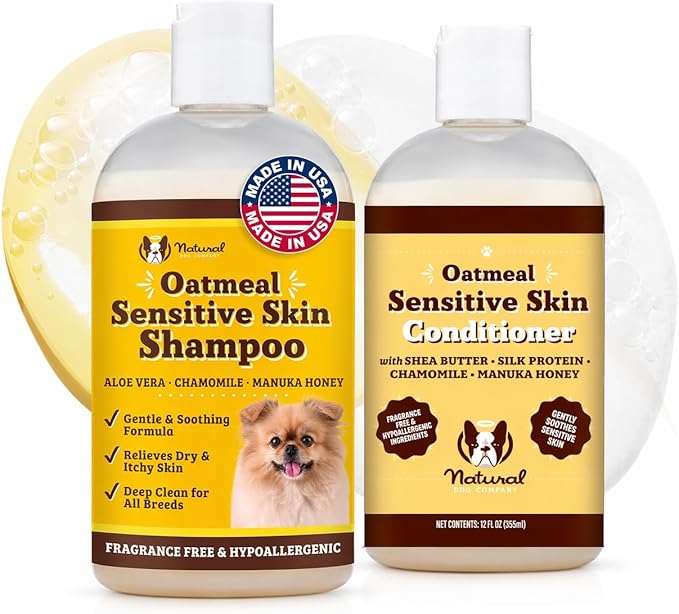 Natural Dog Company Oatmeal Shampoo & Sensitive Skin Conditioner Bundle for Dogs – Anti-Itch, Hypoallergenic Oatmeal Formula with Manuka Honey & Chamomile, Moisturizing, Deodorizing & Detangling Groom