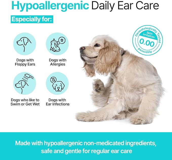 PetO’CERA EEF Ear Cleaner for Dogs & Cats, Vet Approved, Otic Enzymatic Infection Treatment, Gently Removes Debris, Odor, Soothes Itching, Hypoallergenic, Alcohol-Free, No Sting 4 fl oz