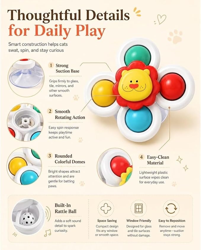 3PCS Cat Suction Cup Spinner Toy Window Perch Interactive Play for Indoor | Strong Suction Base Attaches to Smooth Glass or Tile While Spinning Design Keeps Indoor Cats Engaged (Set-A)